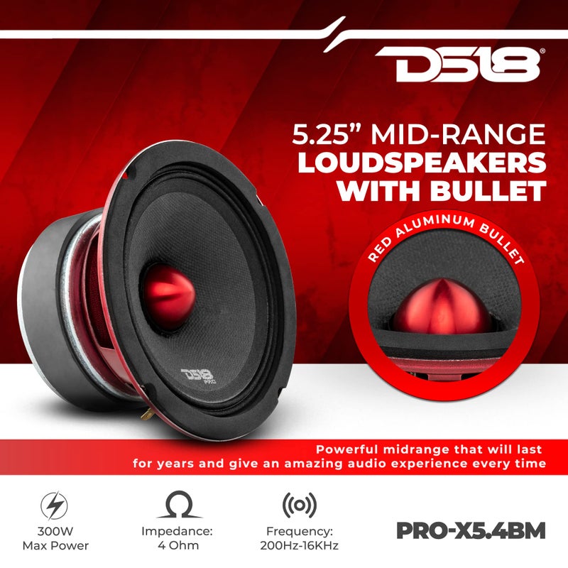 DS18 PRO-X5.4BM Loudspeaker - 5.25", Midrange, Red Aluminum Bullet, 300W Max, 150W RMS, 4 Ohms - Premium Quality Audio Door Speakers for Car or Truck Stereo Sound System (1 Speaker) - Image 2